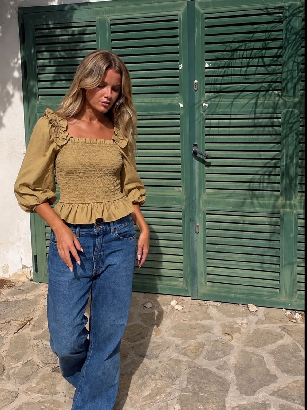 The Drop Muted Mustard Yellow Smocked Peplum Ruffle Puff Sleeve Top – Size Large